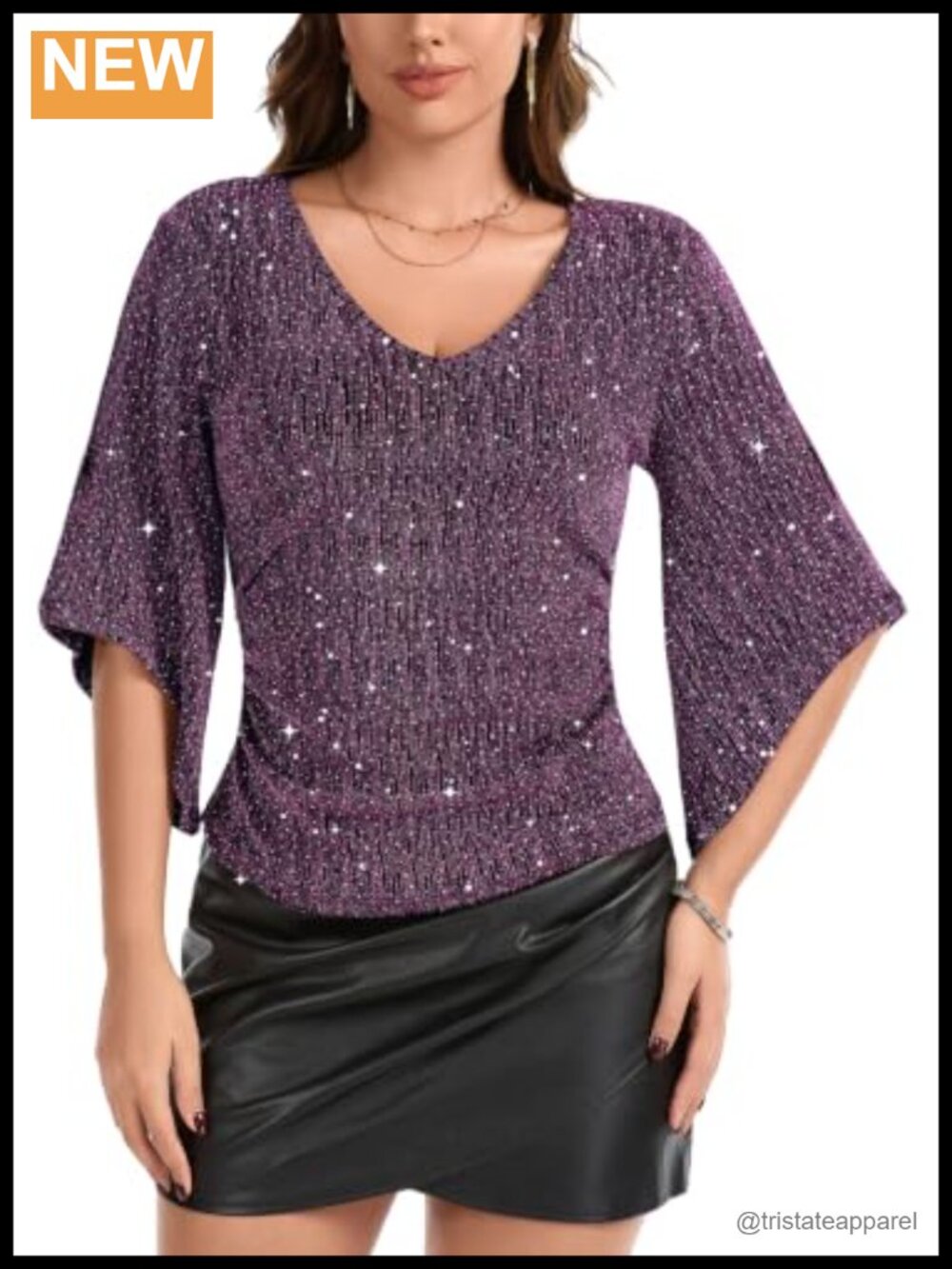 Sparkly Sequin Blouse Women Rhinestone Embellished 3/4 Sleeve 65% Nylon Party